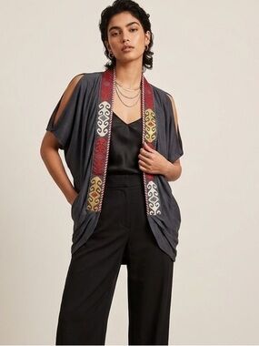Anthropologie One September Navy Boho Geometric Embroidered Cardigan Small